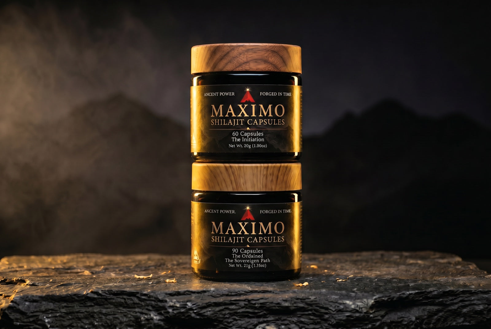 MAXIMO Shilajit — The Initiation and The Ordained on dark stone